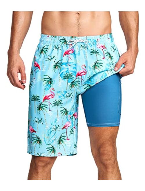 XSKJY Mens Swim Trunks with Compression Liner 9" Swim Trunks Quick Dry Surfing Summer Beach Shorts Swimsuit Sports Shorts