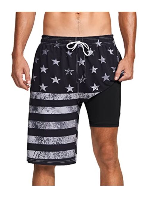 XSKJY Mens Swim Trunks with Compression Liner 9" Swim Trunks Quick Dry Surfing Summer Beach Shorts Swimsuit Sports Shorts