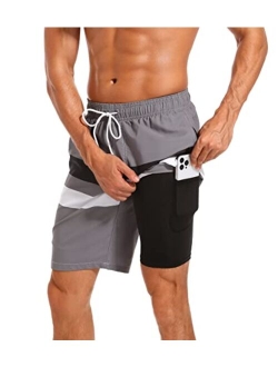 difficort Mens Swim Trunks with Compression Liner Quick Dry Bathing Suits Shorts with Zipper Pockets