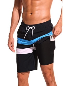 difficort Mens Swim Trunks with Compression Liner Quick Dry Bathing Suits Shorts with Zipper Pockets