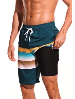 difficort Mens Swim Trunks with Compression Liner Quick Dry Bathing Suits Shorts with Zipper Pockets