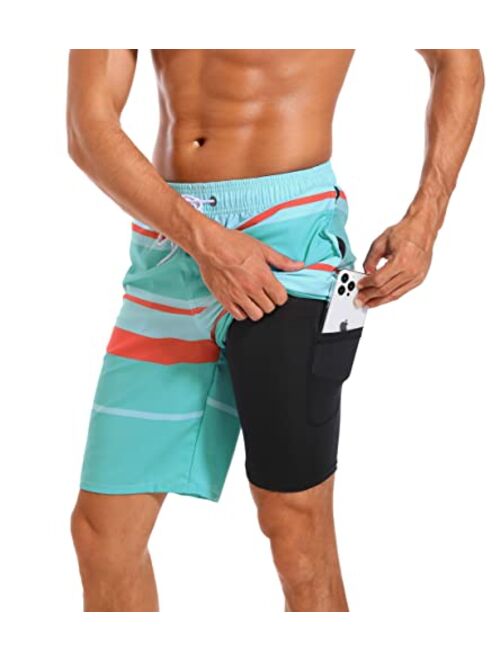 difficort Mens Swim Trunks with Compression Liner Quick Dry Bathing Suits Shorts with Zipper Pockets