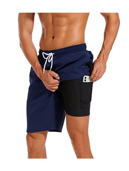 difficort Mens Swim Trunks with Compression Liner Quick Dry Bathing Suits Shorts with Zipper Pockets