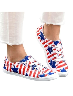 Gumipy Women's Lace-Up Loafers 4th of July American Flag Print Fashion Sneaker Independence Day Lightweight Canvas Shoes