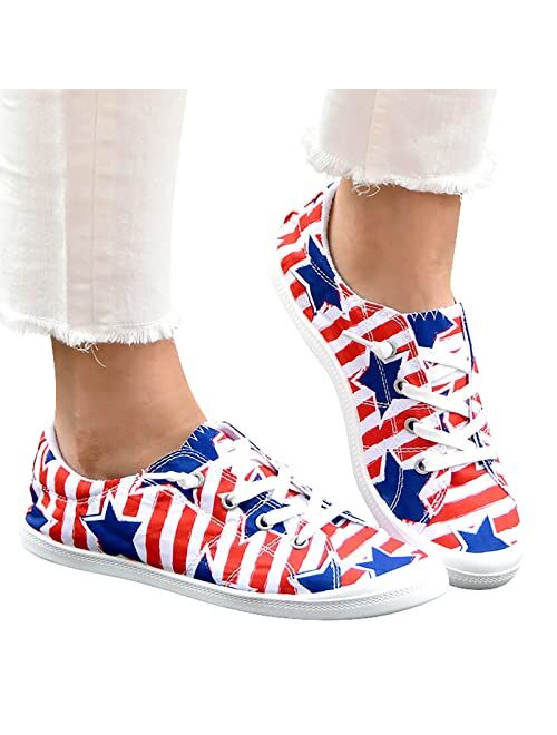 Gumipy Women's Lace-Up Loafers 4th of July American Flag Print Fashion Sneaker Independence Day Lightweight Canvas Shoes