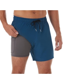 BRISIRA Swim Trunks Men Quick Dry Swim Shorts 5 inch Inseam Stretch Water Beach Shorts with Compression Liner Zipper Pocket