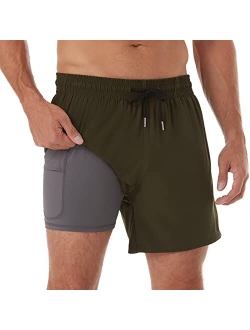 BRISIRA Swim Trunks Men Quick Dry Swim Shorts 5 inch Inseam Stretch Water Beach Shorts with Compression Liner Zipper Pocket