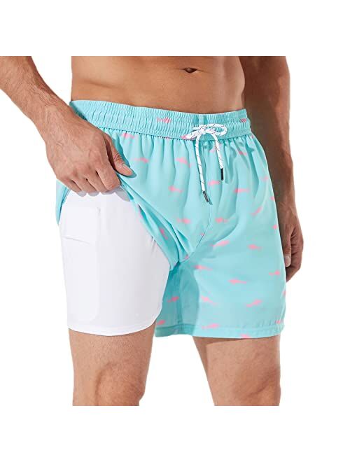 BRISIRA Swim Trunks Men Quick Dry Swim Shorts 5 inch Inseam Stretch Water Beach Shorts with Compression Liner Zipper Pocket