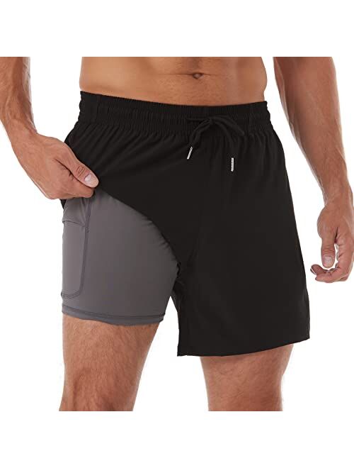 BRISIRA Swim Trunks Men Quick Dry Swim Shorts 5 inch Inseam Stretch Water Beach Shorts with Compression Liner Zipper Pocket