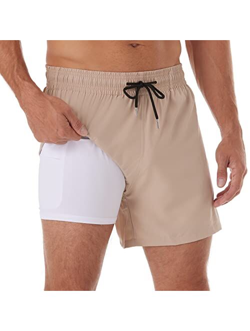 BRISIRA Swim Trunks Men Quick Dry Swim Shorts 5 inch Inseam Stretch Water Beach Shorts with Compression Liner Zipper Pocket