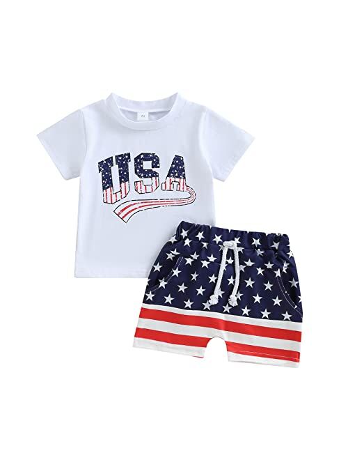 Sprifallbaby 4th of July Infant Baby Boy Outfit Short Sleeve Letter Tops Toddler Boys Independence Day Party Shorts Set