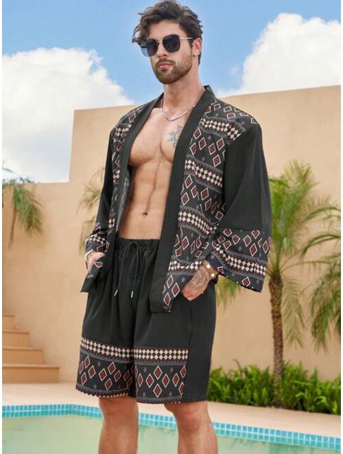 Shein Extended Sizes Men Geo Print Kimono & Drawstring Waist Shorts