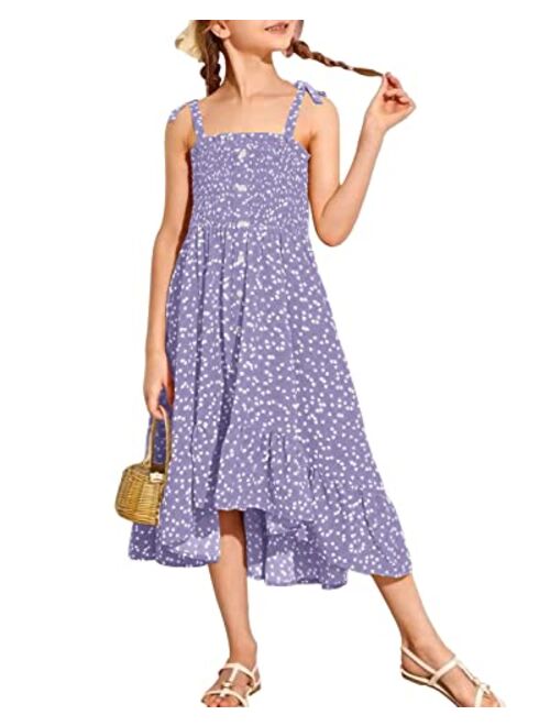 Rolmama Girls Summer Dresses Kids 2023 Sleeveless Tie Strap Boho Beach Midi Dress Smocked Ruffle Flowy Sundresses