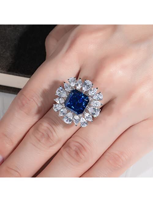 Gobaalele 11.30cttw Cubic Zirconia Engagement Ring | Mega Daisy Anniversary Ring | Radiant Cut 5A Grade 5.5ct Simulated Sapphire | White Gold Plated 925 Sterling Silver S