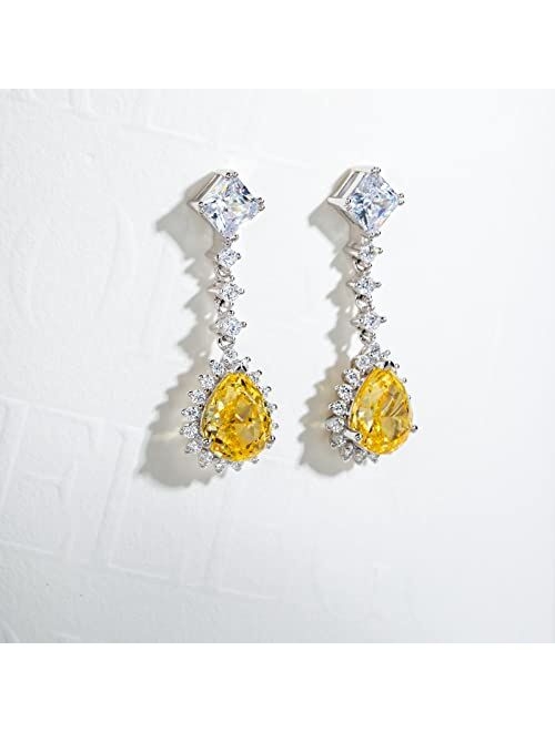 Gobaalele Pear Drop Dangle Earrings,2ct Yellow Halo Cubic Zirconia Simulated Diamond CZ Citrine 925 Sterling Silver Teardrop Earring for Women