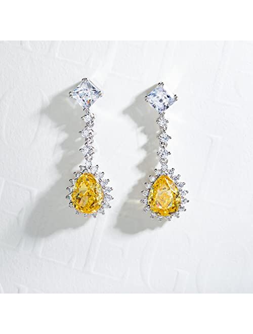 Gobaalele Pear Drop Dangle Earrings,2ct Yellow Halo Cubic Zirconia Simulated Diamond CZ Citrine 925 Sterling Silver Teardrop Earring for Women