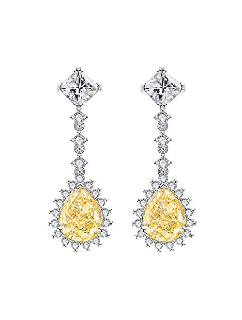 Gobaalele Pear Drop Dangle Earrings,2ct Yellow Halo Cubic Zirconia Simulated Diamond CZ Citrine 925 Sterling Silver Teardrop Earring for Women