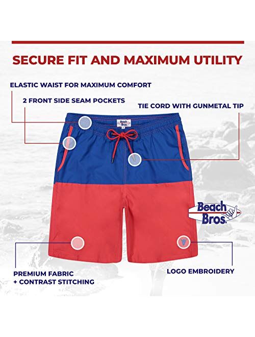 Beach Bros. Mens Swim Trunks, Quick Dry Board Shorts, Lightweight Quick Drying Swimsuit with Elastic Waistband and Pockets