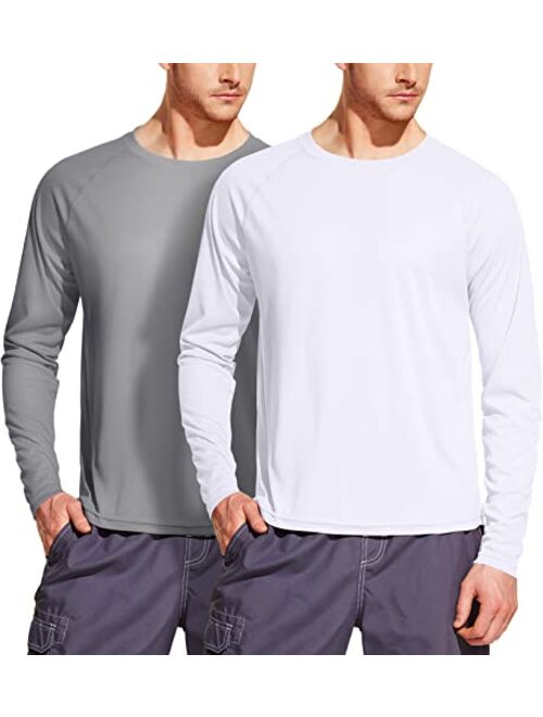 ATHLIO 2 Pack Men's Rashguard Swim Shirts, UPF 50+ Long Sleeve Loose-Fit Shirts, Cool Dry UV Protection Water T-Shirts