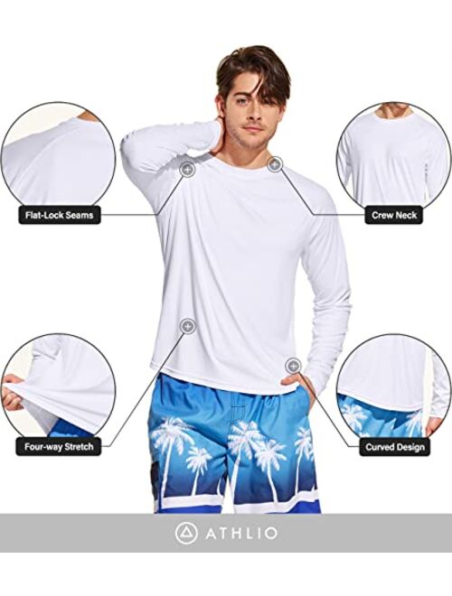 ATHLIO 2 Pack Men's Rashguard Swim Shirts, UPF 50+ Long Sleeve Loose-Fit Shirts, Cool Dry UV Protection Water T-Shirts