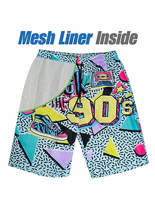 XSKJY Mens 80s 90s Swim Trunks Quick Dry Striped Swim Shorts with Mesh Lining Swimsuit