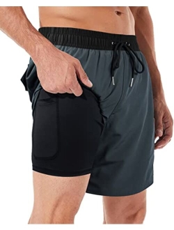 BOCACUE Mens Swimming Trunks with Compression Liner 2 in 1 Quick Dry Beach Shorts with Pockets, Swim Trunks Men