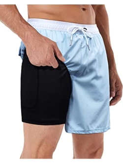 BOCACUE Mens Swimming Trunks with Compression Liner 2 in 1 Quick Dry Beach Shorts with Pockets, Swim Trunks Men