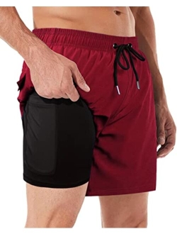 BOCACUE Mens Swimming Trunks with Compression Liner 2 in 1 Quick Dry Beach Shorts with Pockets, Swim Trunks Men