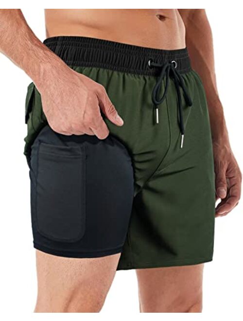 BOCACUE Mens Swimming Trunks with Compression Liner 2 in 1 Quick Dry Beach Shorts with Pockets, Swim Trunks Men