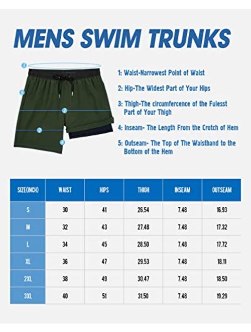 BOCACUE Mens Swimming Trunks with Compression Liner 2 in 1 Quick Dry Beach Shorts with Pockets, Swim Trunks Men