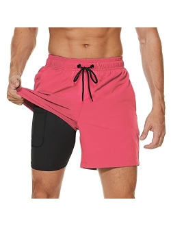 Arcweg Mens Swim Trunks with Compression Liner 2 in 1 Beach Swimming Trunks Quick Dry Swim Shorts with Zipper Pockets