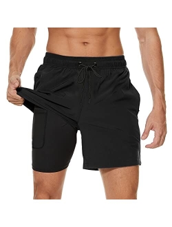 Arcweg Mens Swim Trunks with Compression Liner 2 in 1 Beach Swimming Trunks Quick Dry Swim Shorts with Zipper Pockets