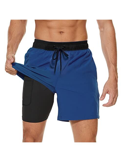 Arcweg Mens Swim Trunks with Compression Liner 2 in 1 Beach Swimming Trunks Quick Dry Swim Shorts with Zipper Pockets