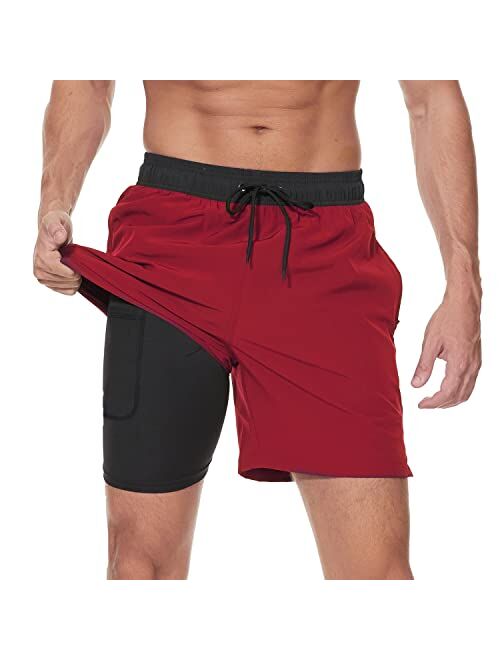 Arcweg Mens Swim Trunks with Compression Liner 2 in 1 Beach Swimming Trunks Quick Dry Swim Shorts with Zipper Pockets