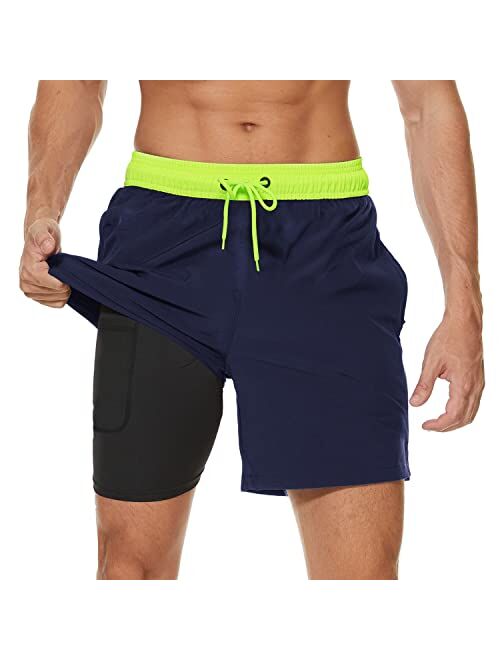 Arcweg Mens Swim Trunks with Compression Liner 2 in 1 Beach Swimming Trunks Quick Dry Swim Shorts with Zipper Pockets