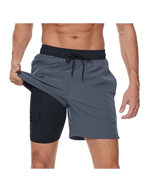 Arcweg Mens Swim Trunks with Compression Liner 2 in 1 Beach Swimming Trunks Quick Dry Swim Shorts with Zipper Pockets