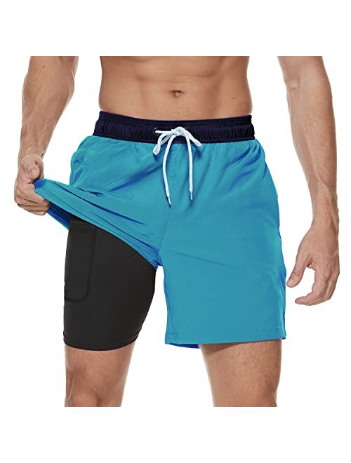 Arcweg Mens Swim Trunks with Compression Liner 2 in 1 Beach Swimming Trunks Quick Dry Swim Shorts with Zipper Pockets