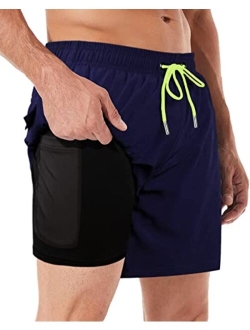 AGOBUHE Mens Swim Trunks Swim Shorts with Compression Liner Quick Dry Swim Shorts with Mesh Lining Pockets