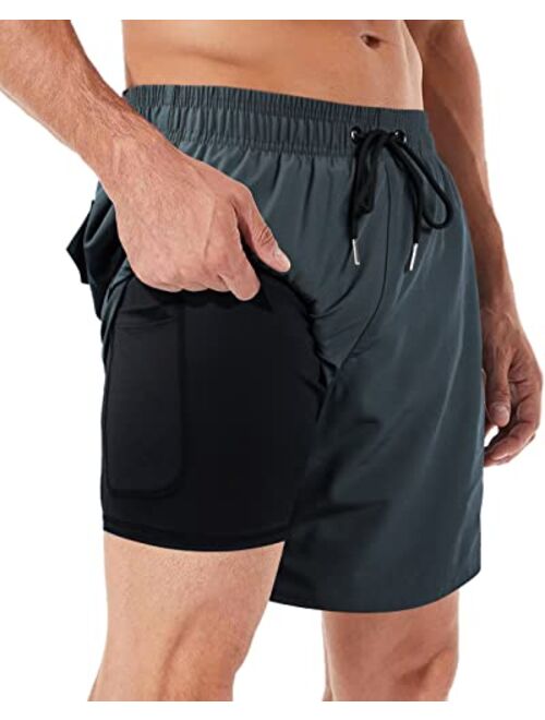 AGOBUHE Mens Swim Trunks Swim Shorts with Compression Liner Quick Dry Swim Shorts with Mesh Lining Pockets