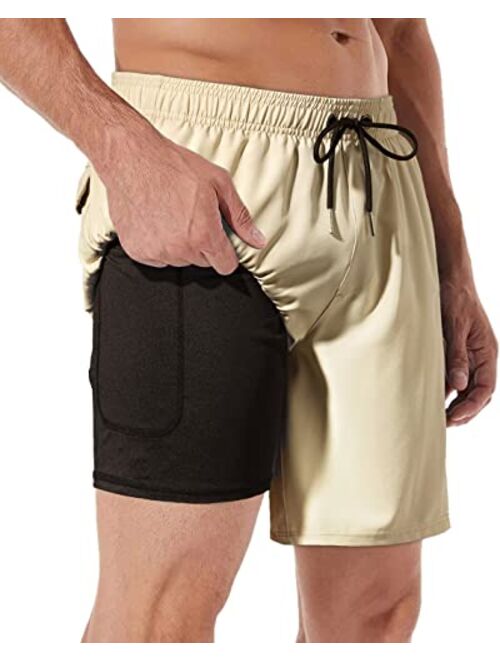 AGOBUHE Mens Swim Trunks Swim Shorts with Compression Liner Quick Dry Swim Shorts with Mesh Lining Pockets