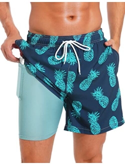 SILKWORLD Mens Swimming Trunks with Compression Liner Quick Dry 5 inch Swim Shorts with Zipper Pockets