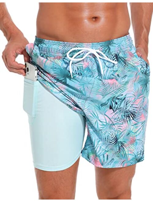 SILKWORLD Mens Swimming Trunks with Compression Liner Quick Dry 5 inch Swim Shorts with Zipper Pockets