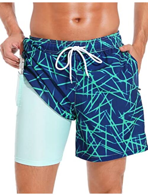 SILKWORLD Mens Swimming Trunks with Compression Liner Quick Dry 5 inch Swim Shorts with Zipper Pockets