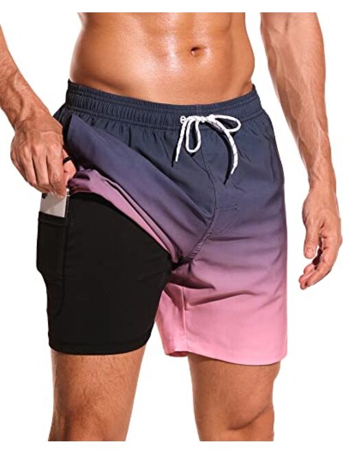 SILKWORLD Mens Swimming Trunks with Compression Liner Quick Dry 5 inch Swim Shorts with Zipper Pockets