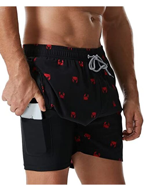 SILKWORLD Mens Swimming Trunks with Compression Liner Quick Dry 5 inch Swim Shorts with Zipper Pockets