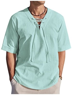 Men Cotton Linen Shirts Lace Up Short Sleeve Beach Shirts V Neck Hippie Yoga Boho Renaissance Tunic