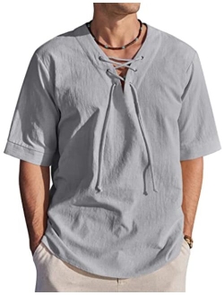 Men Cotton Linen Shirts Lace Up Short Sleeve Beach Shirts V Neck Hippie Yoga Boho Renaissance Tunic