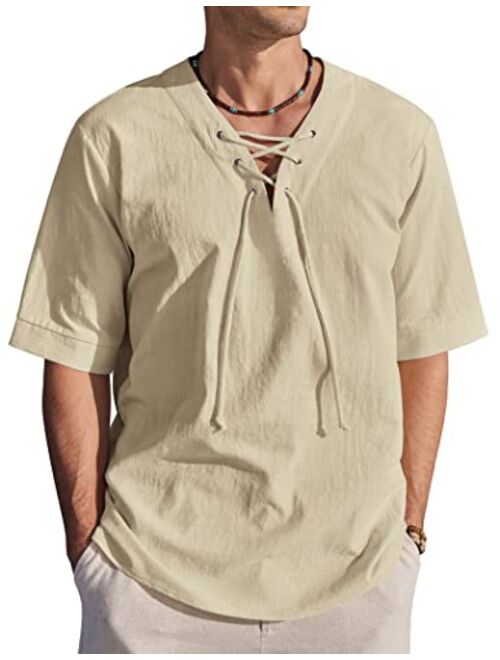 COOFANDY Men Cotton Linen Shirts Lace Up Short Sleeve Beach Shirts V Neck Hippie Yoga Boho Renaissance Tunic