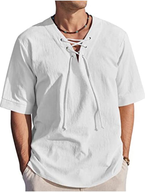 COOFANDY Men Cotton Linen Shirts Lace Up Short Sleeve Beach Shirts V Neck Hippie Yoga Boho Renaissance Tunic