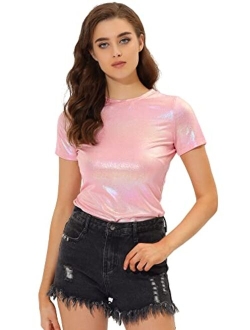 Women's Party Metallic Textured Short Sleeve Shiny Multicolor Top